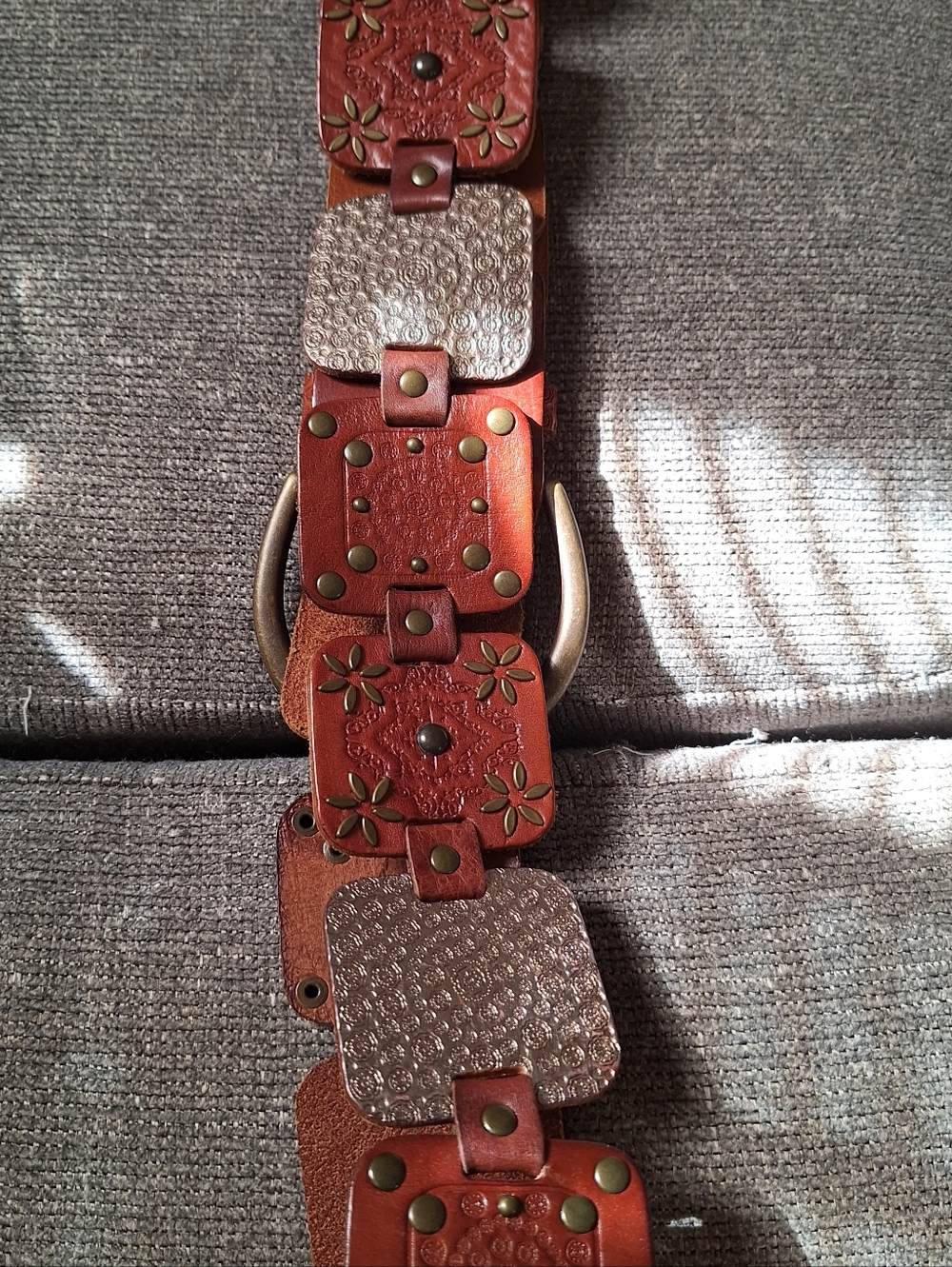 Brown Studded Leather Belt. Western, Hobo, Bohemian. Size Medium - Picture 5 of 11